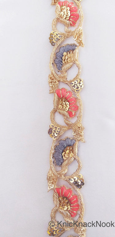 Hand Embroidered Lace Trim In Grey and Orange Floral Embroidery, Gold Sequins and Antique Gold Zardozi, Wedding